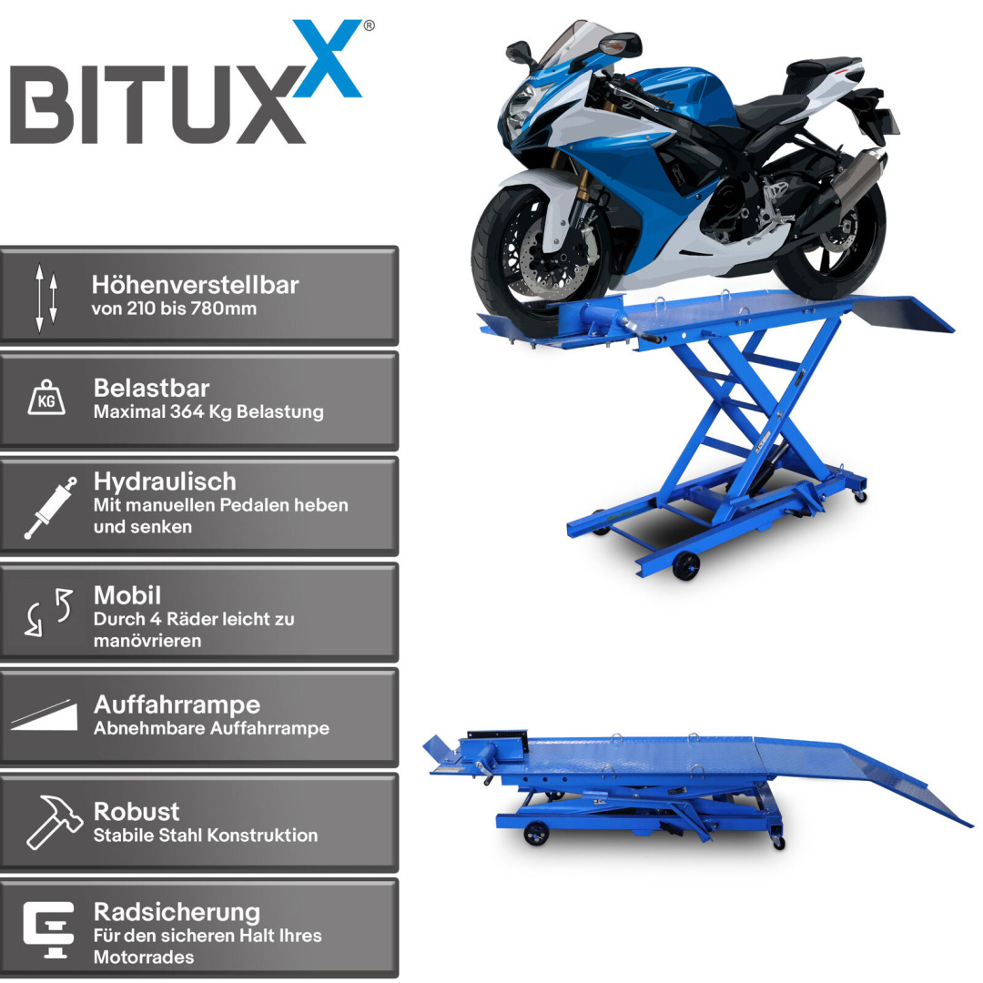 Hydraulický nůžkový zvedák na motorku s nožní pumpou 364 kg Bitux MS19472